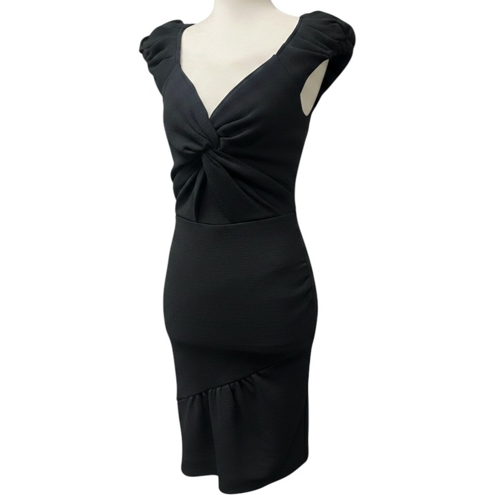 Leifsdottir Black Twist Front Cap Sleeve Ruffle Hem Cocktail Dress Size 0
